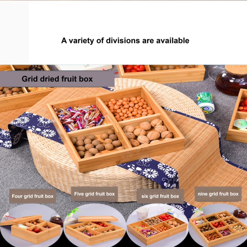

Dried Fruit Storage Box Bamboo Nut Box Solid Wood Partitioned Fruit Tray with Lid Chinese Household Snack Tray Living Room Dried