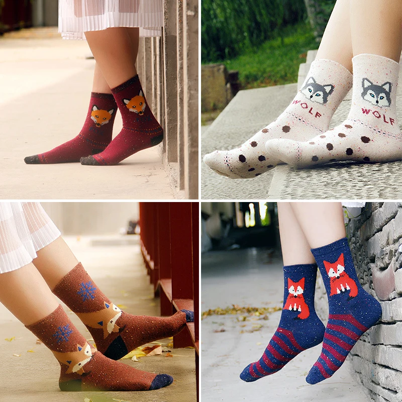 1 пара хлопковые женские носки с принтом Лисенок забавные из чистого хлопка