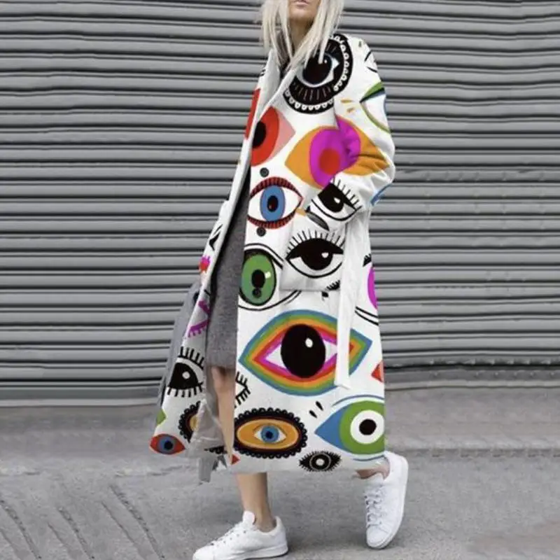 

Winter Fashion Print Long Woolen Coat Women Overcoat 2021 Fashion Turn-down Collar Loose Casual Streetwear Elegant Long Jacket