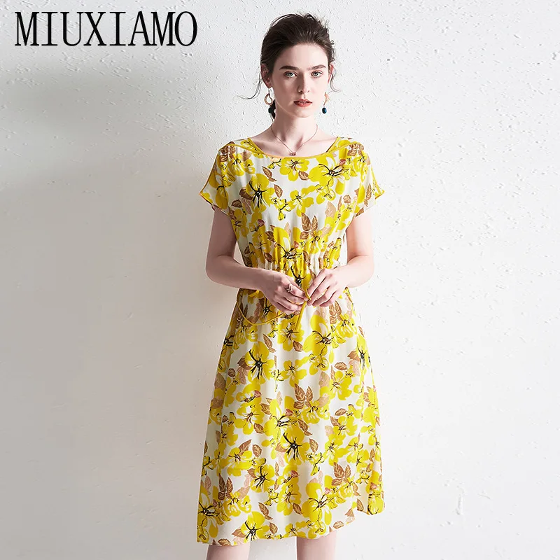

MIUXIMAO 100% Silk 2020 Summer Newest Arrival Vintage O-Neck Flower Print A-Line Mid-Calf Elegant Vintage Dress Vestido