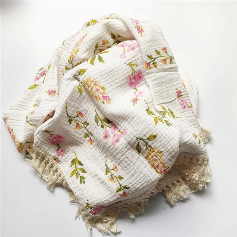 

Baby Tassel Swaddle Wrap Pure Cotton Muslin Receiving Blanket Newborn Infant Photography Props