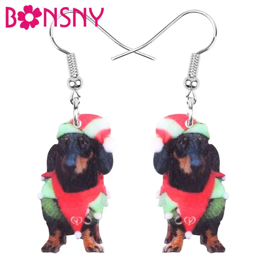 

Bonsny Acrylic Christmas Hat Costume Dachshund Dog Earrings Drop Dangle Animal Jewelry For Women Girls Teen Party Gift Accessory