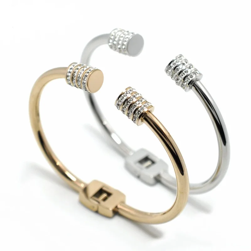 

Classic Brand AAA Crystal Arrow Cuff Nail Bangle For Women Men Rock Jewelry Round Spring Rivet Bangle Gold-Color Pulseras