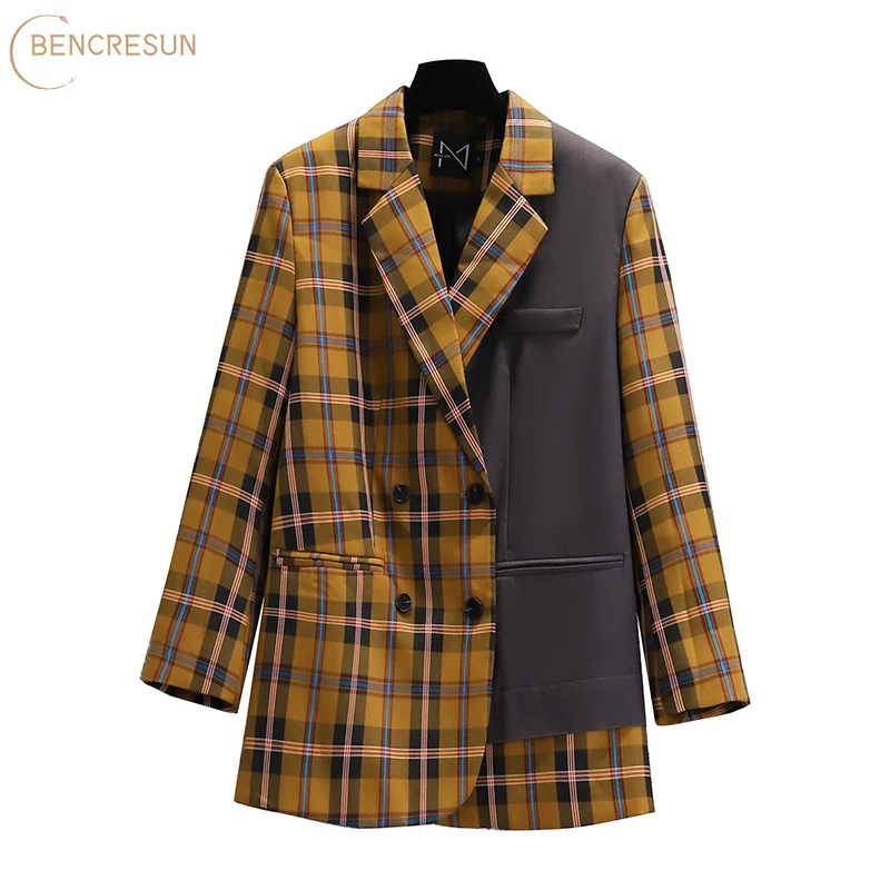 

Vintage Plus Size Plaid Patchwork Tailored Coat Women Yellow Double Breasted Blazer Fashion Long Sleeve Casual Top Winter Autumn