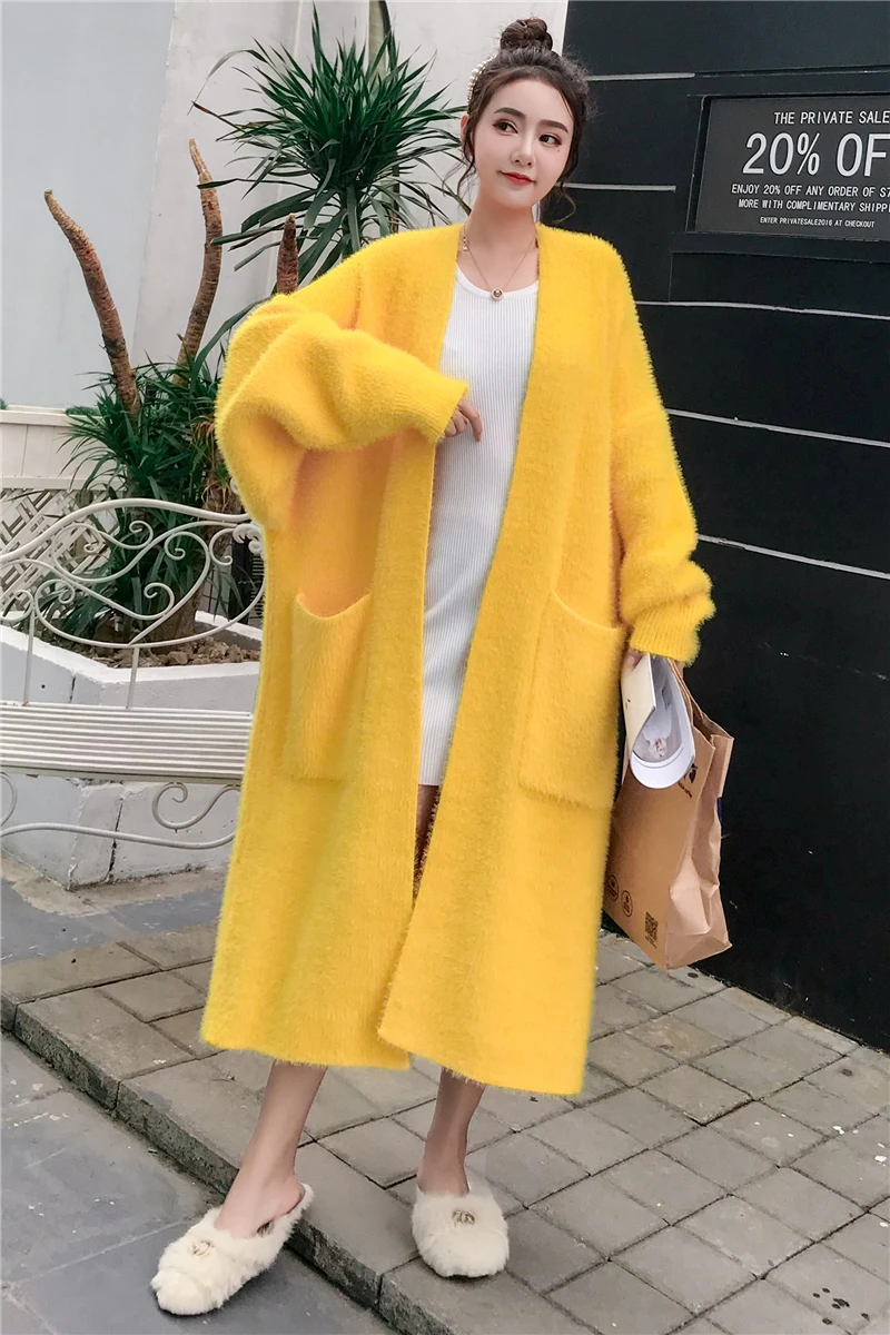 high quality faux mink velvet loose women's knitted cardigan winter long open stitch outerwear plus size yellow sweater coats |