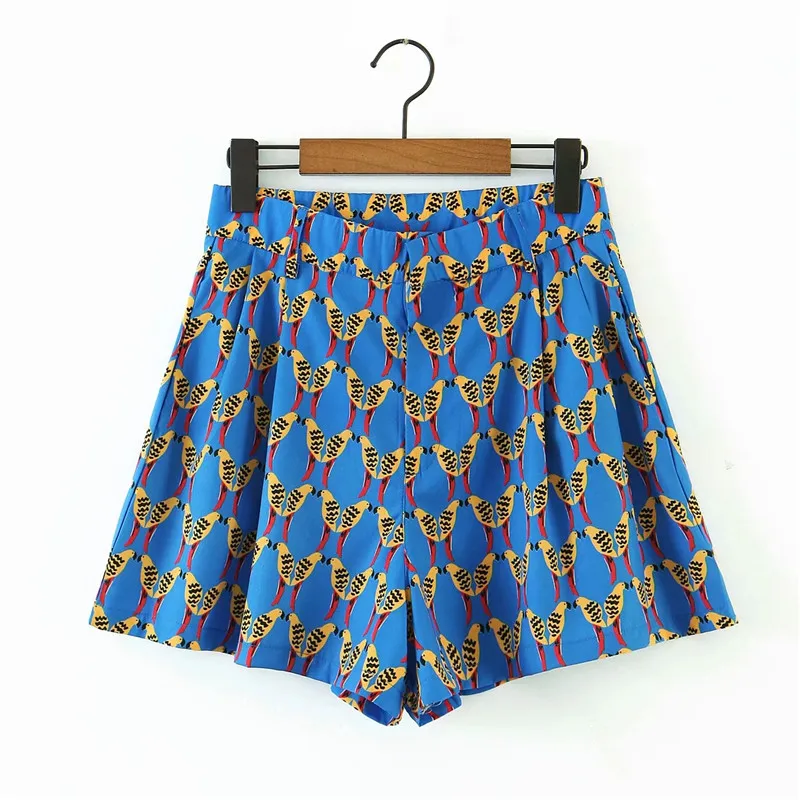 

Xfhh women casual beach style wild bird print za blue shorts 2020 summer chic lady fashion high waist zipper loose short pants