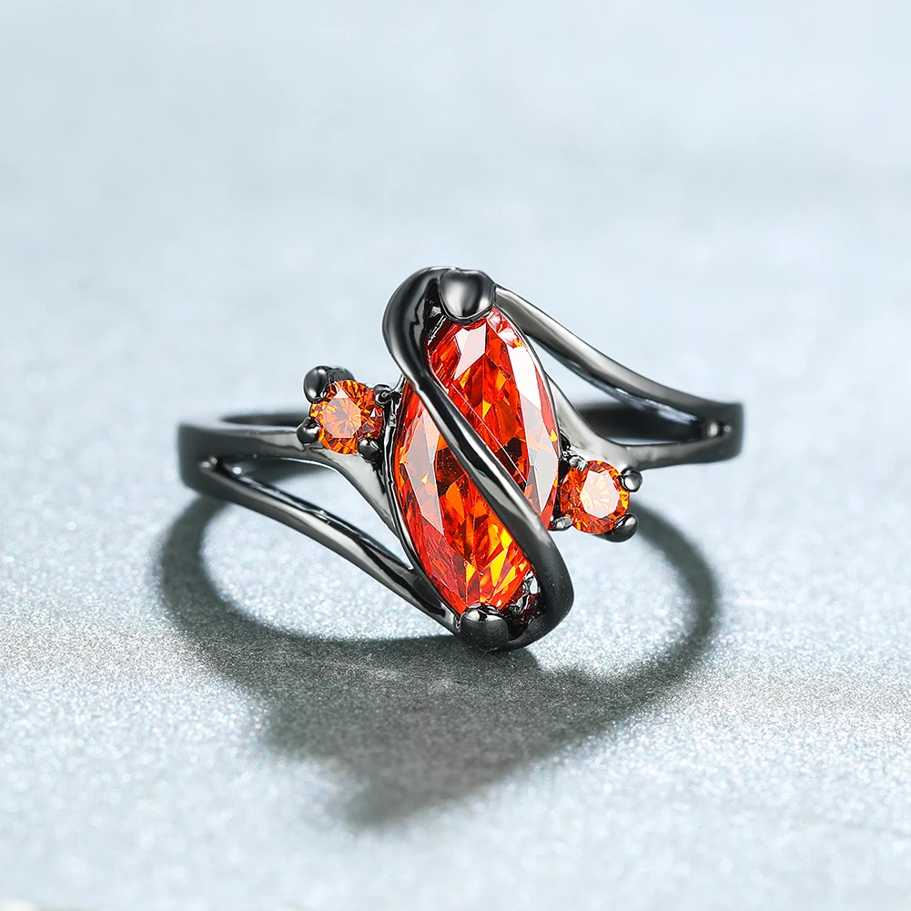 

Vintage Female Red Crystal Stone Ring Classic 14KT Black Gold Wedding Rings For Women Luxury Bride Leaf Zircon Engagement Ring