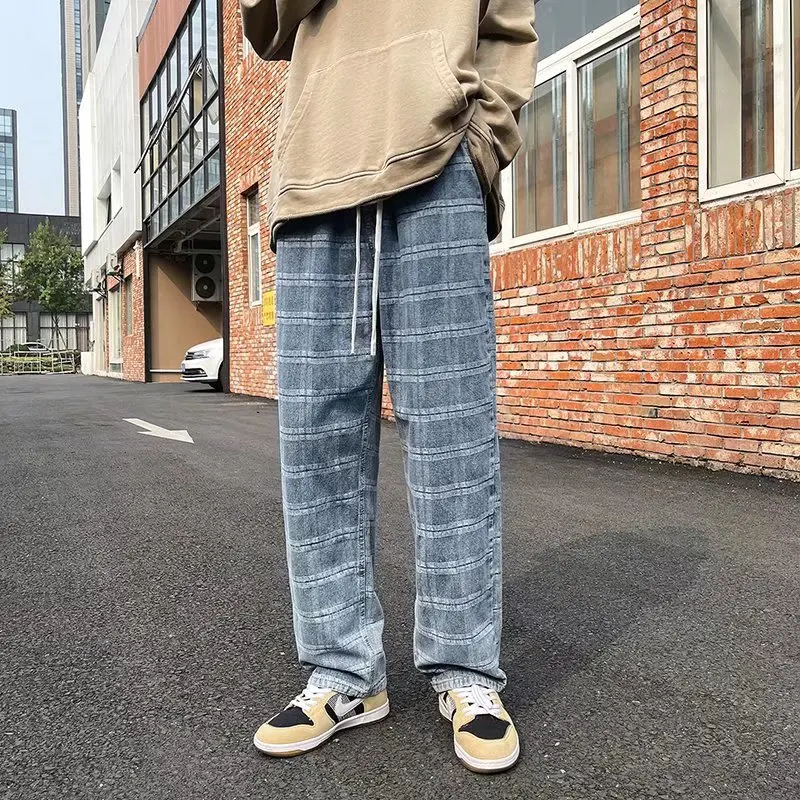 

ICCLEK Men's Jeans 2021 Fall Men's Casual Pants Loose Straight Pants Fashion Plaid Casual Pants Mens Jeans Patchwork Jeans