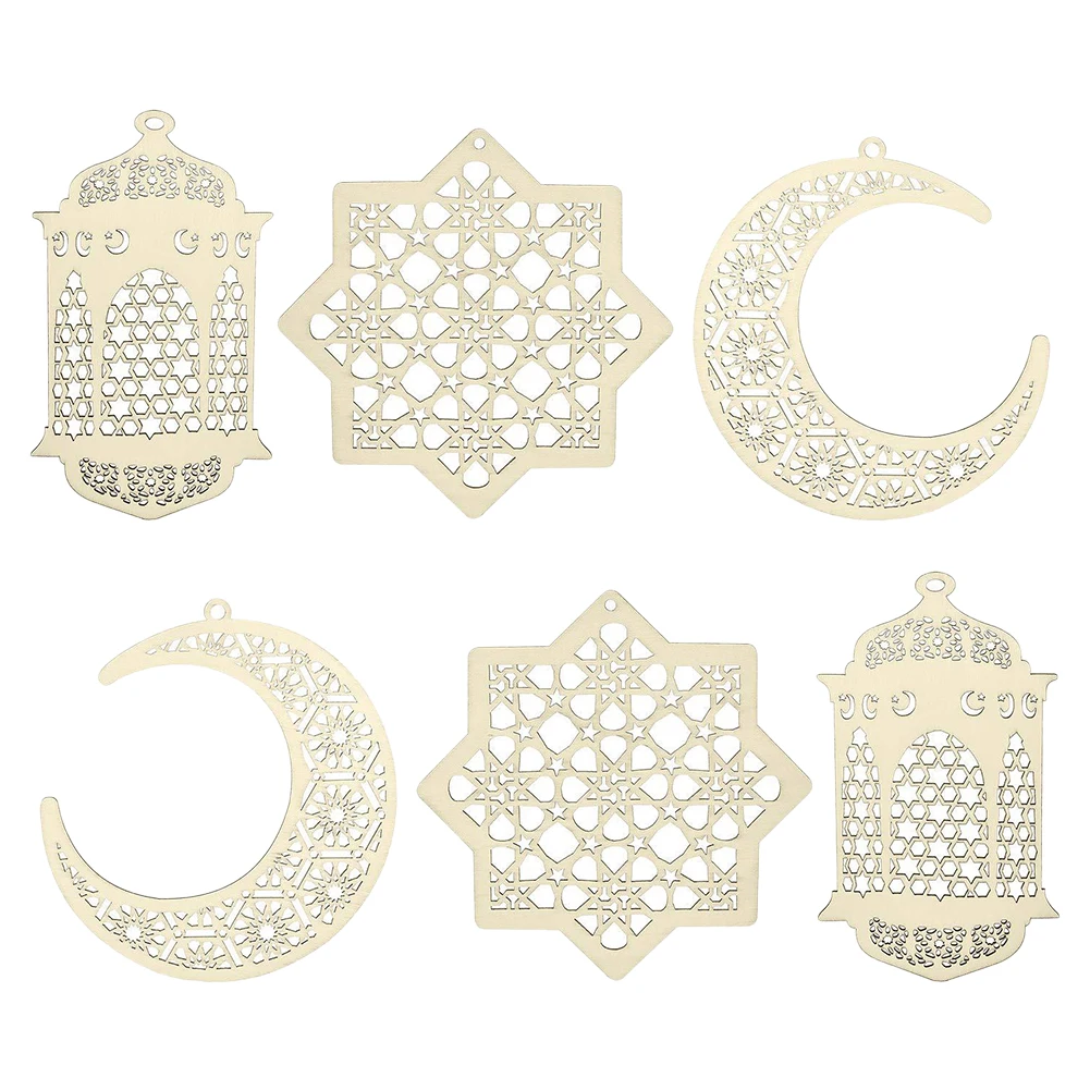 

6pcs Ramadan Kareem Decoration Wooden Craft Hanging Pendant Eid Mubarak Hanging Crafts With Moon Star Lamp For Eid Al-Fitr Decor