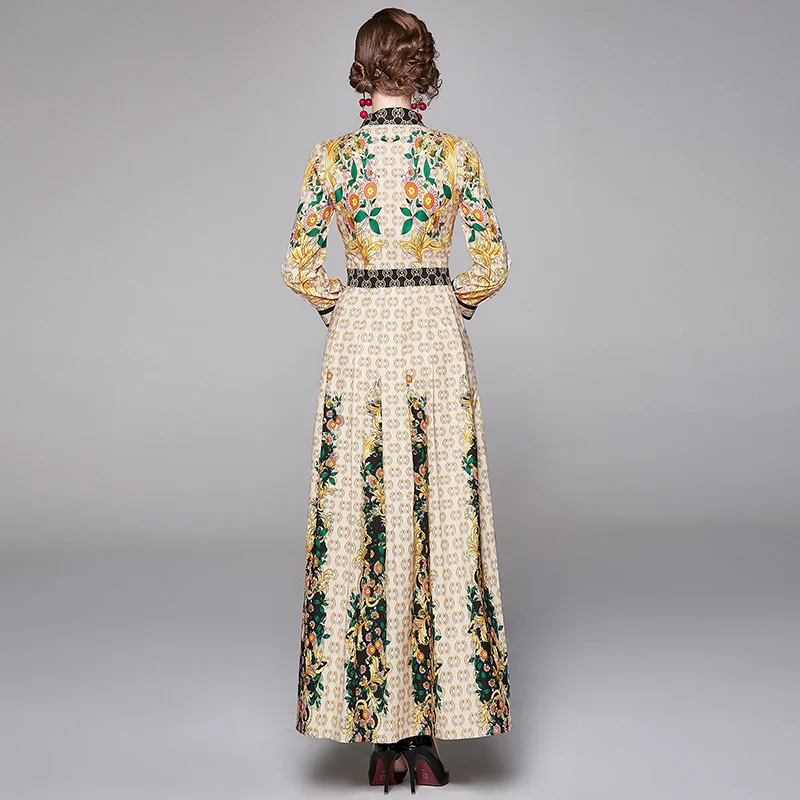 2020 Autumn Winter Fashion Runway Dress Women's Long Sleeve Turn-down Collar Elegant Geometric Print Slim Vintage | Женская одежда