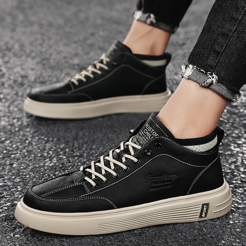 

Popular Pu Leather Shoes For Men White Black Casual Shoes Male High Top Casual Flats Shoes Man Fashion Footwear For Adult