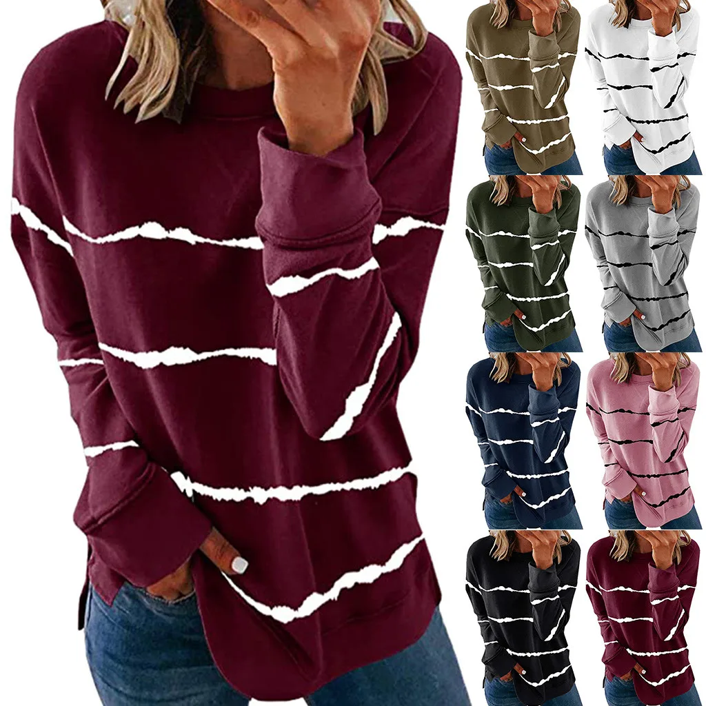 40 # Женские повседневные полосатые толстовки Термальность рубашка с длинными