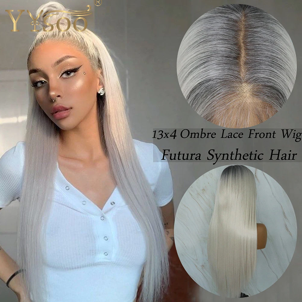 YYsoo Long 4/60 Ombre 13x4 Synthetic Lace Front Wigs for Women Dark Roots Silky Straight Japan Futura Hair Heat Resistant Wig