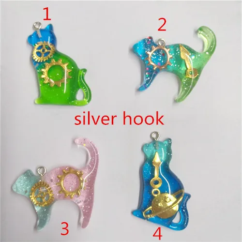 silver hook 12 шт смолы кошка плоская задняя серьга талисманы очень милый брелок подвески, ожерелья для украшения DIY - Окраска металла: silver hook