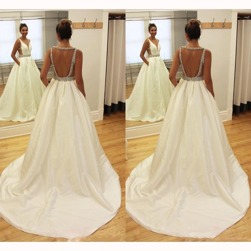 

Spaghetti Straps A-line Wedding Dresses Satin Beaded Sexy Deep V-Neck Floor Length Dress Bridal Gowns Backless Robe De Mariee