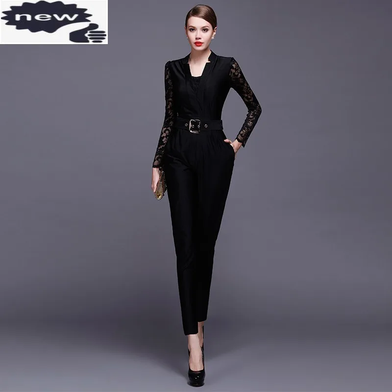 Qualities Womens Fashion Lace Long Sleeve Patchwork Stand Collar Jumpsuits V-Neck Slim Fit Office Ladies Full Length Trousers