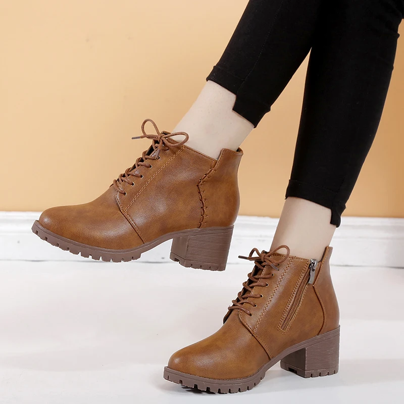 Lucyever/Осень Зима кожаные ботинки на платформе женские классические Ботильоны