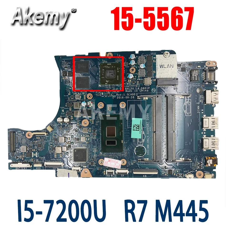 

Akemy BAL20 LA-D801P Main board for INSPIRON 15-5567 5567 CN-02PVGT 02 PVGT Laptop motherboard SR2ZU I5-7200U Radeon R7 m445
