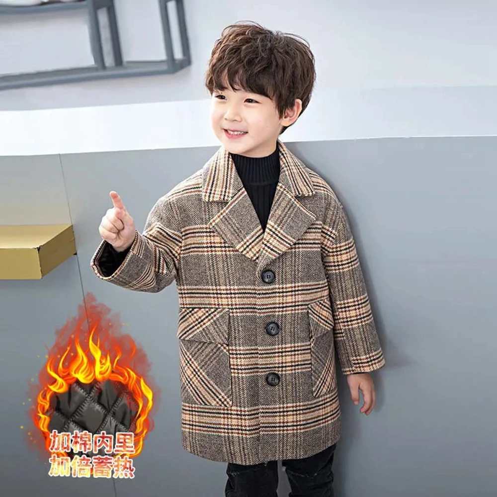

New Winter Children Woolen Jacket Boys Cotton Padded Thick Warm Clothes Kids Plaid Toddler Blazer Jacket Teenage Parka 10 12 14