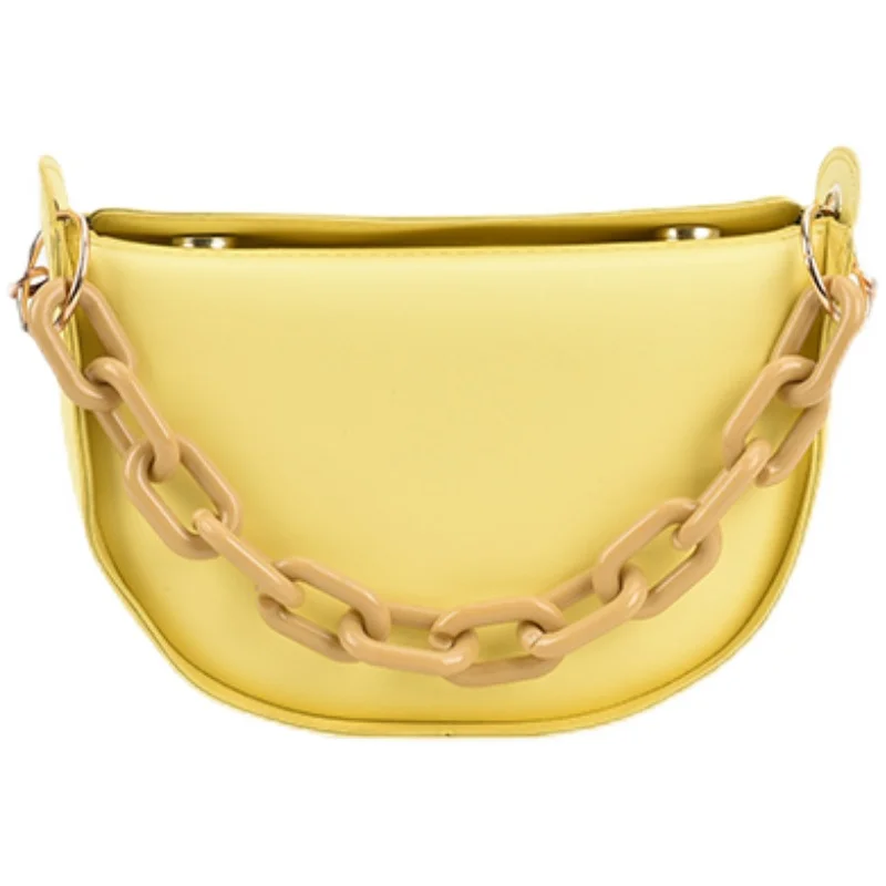 

Solid Color PU Leather Women Single Shoulder Saddle Bag Fashion Simple Ladies Acrylic Chain Crossbody Bags Female Small Handbags