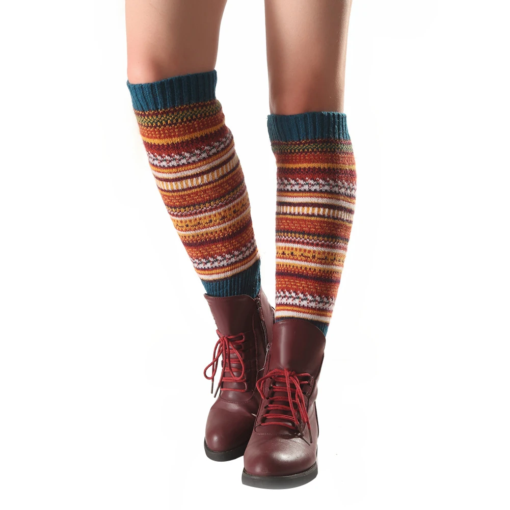 Women Striped Knitted Leg Warmers Winter Footless Knee High Fashion Boot Socks