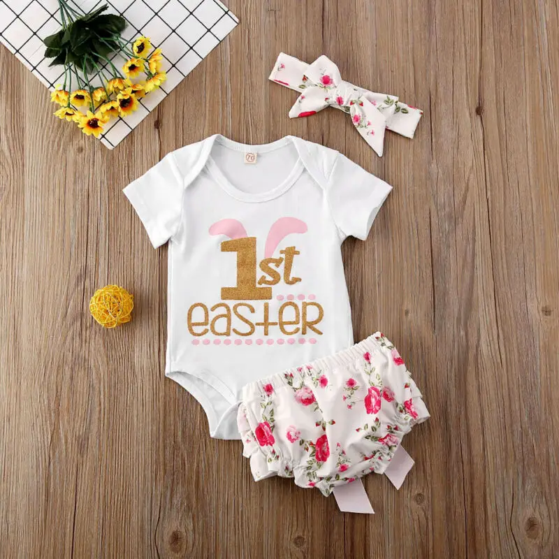

Newborn Baby Girl My First Easter Letter Romper Floral Pants 3pcs Outfits Set