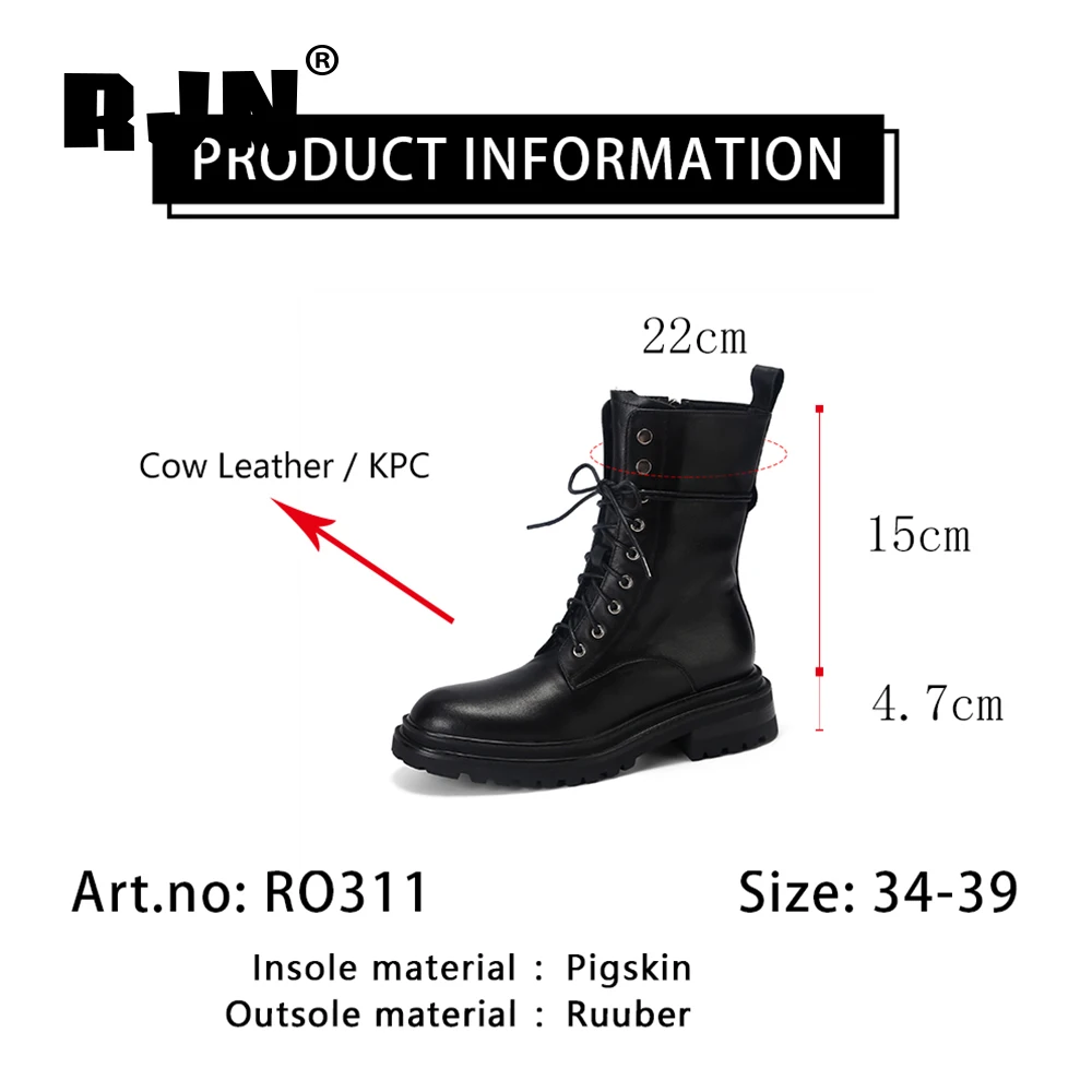 

RJN New Casual Ankle Boots High Quality Cow Leather Round Toe Lace-up Zipper Women Shoes Comfortable Anti-skid Boots Basic RO311