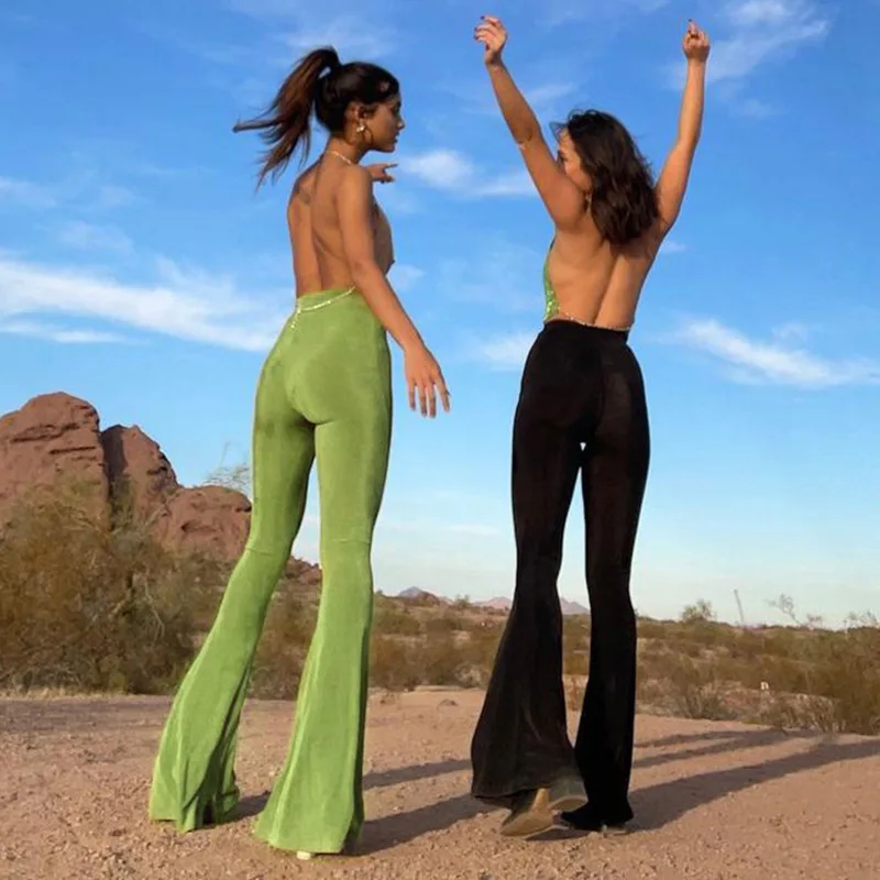 Skinny Bodycon Flare Pants Women Solid High Waist Spring Summer 2021 Ladies Fashion Streetwear Loubge Wear Green Trousers Mujer