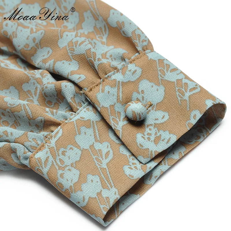 

MoaaYina Fashion Designer dress Spring Women's Dress Stand collar Long sleeve Floral-Print Ruffles Chiffon Dresses