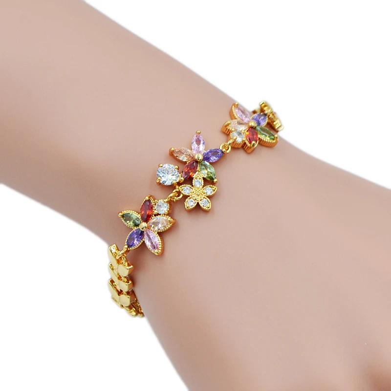 

Fashion Girls Gold Color Multicolor Cubic Zirconia CZ Flowers Stars Charm Link Bracelet For Women