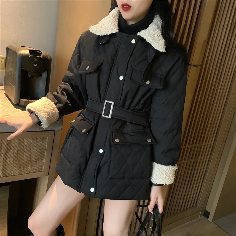 

Women Winter Faux Fur Warm Long Coat Long Sleeve Female Thick Slim waist Coat Casual lattice Outwears Parkas