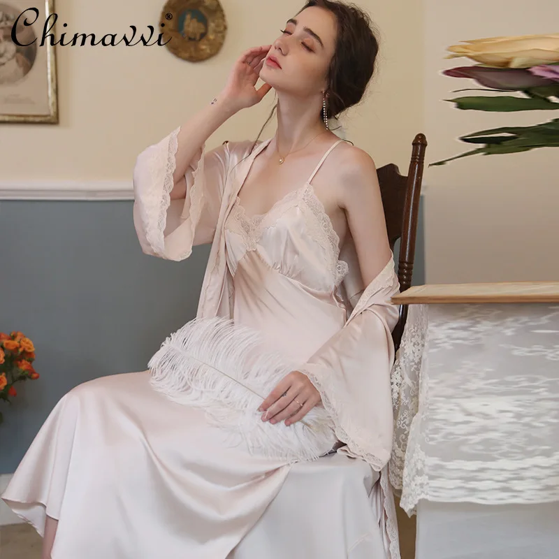 

2021 Spring and Summer New Sexy Nightgown Women's Two-Piece Set Ice Satin Lace Pajamas Loungewear Suit Pink Robe Set