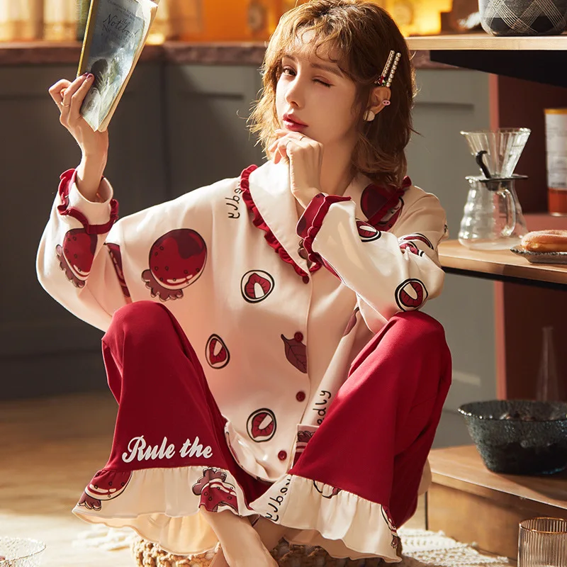 Spring Autumn 2020 Pajamas Women's Long Sleeve Cardigan Cotton Nightgown Pineapple Home Wear 2Pcs Set Nightwear Sleepwear