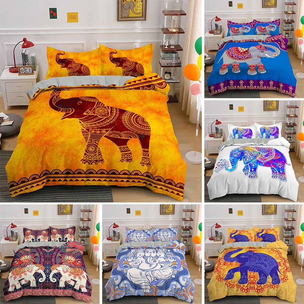 

Boho Elephant Bedding Sets Queen King Size 2/3Pcs Psychedelic Duvet Cover Set With Pillowcase Hippie Quilt Covers Bed Linen