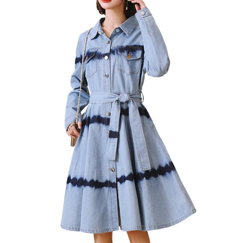 

kywommnz 2021 Spring Autumn, Slim, Denim, Skirt, Mid-length, Big Hem, Skirt, Contrast Color, Embellishment, MINI Dress, E1264