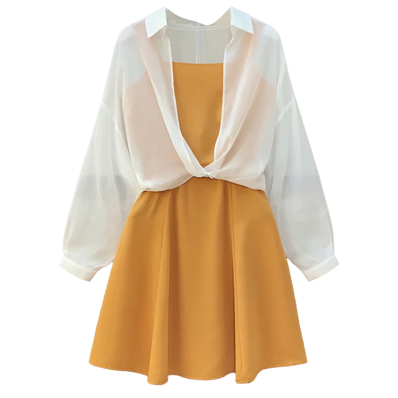 

Plus size women Summer two piece set sleeveless straps a-line midi dress and long sleeve sunscreen suits for women holiday beach