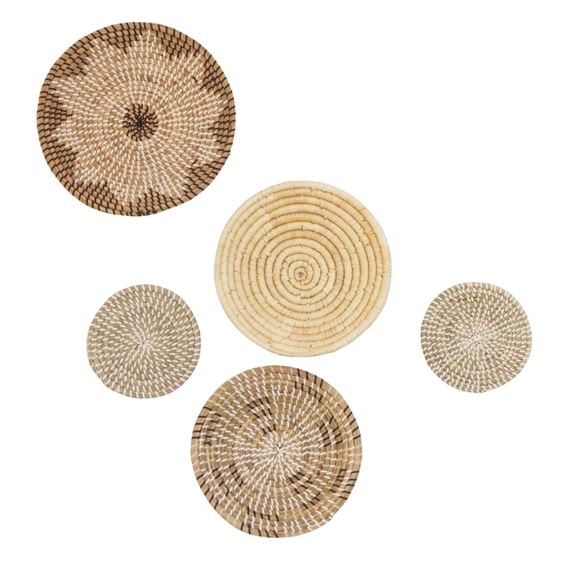 

5pcs Handmade Hanging Wall Basket Round Woven Seagrass Hanging Decorative Trays Bowl for Living Room Bedroom Kitchen
