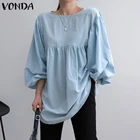 Однотонная Женская туника, асимметричная блузка 2021 VONDA, женские хлопковые топы, винтажные Топы с длинным рукавом и круглым вырезом, блузы