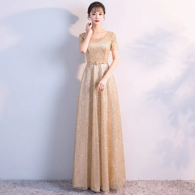 Вечернее платье с блестками круглым вырезом и коротким рукавом | Свадьбы