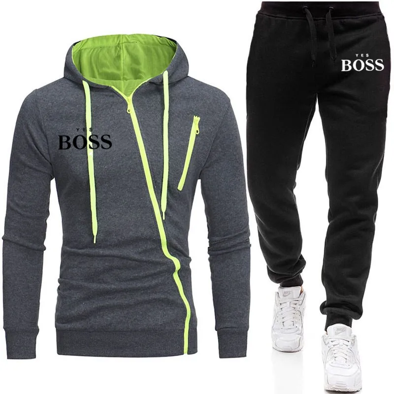 

2021 autumn and winter men's sportswear 2-piece zipper sweatshirt pants sportswear pullover hooded trousers with pocket sportswe