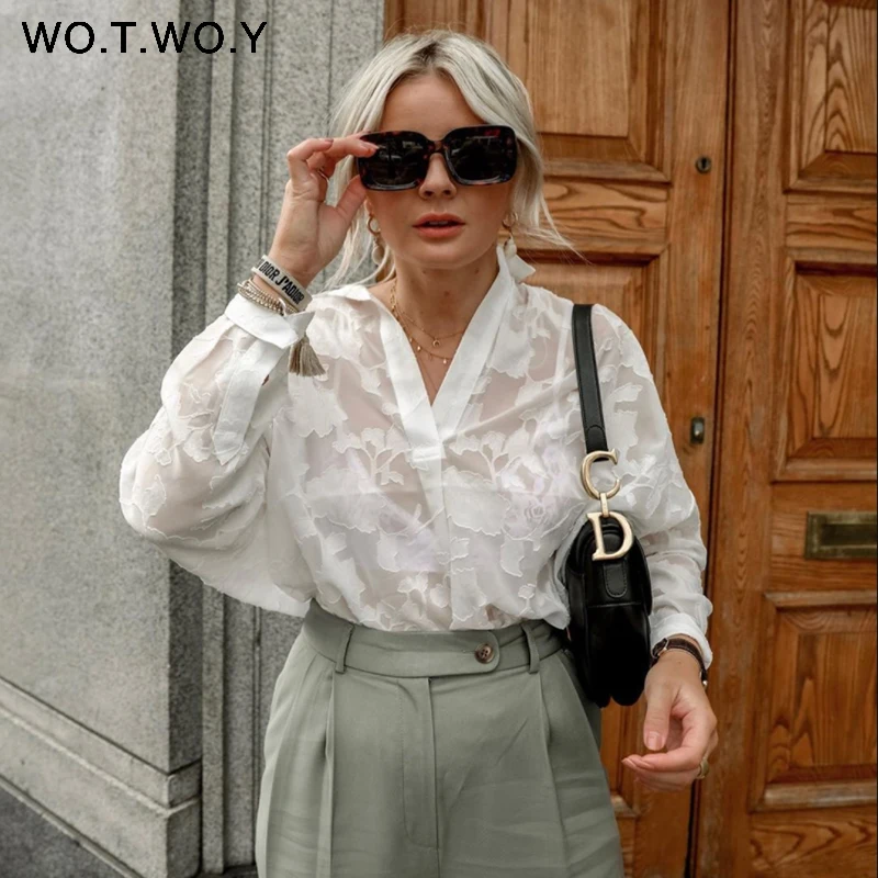 Женская блузка с длинным рукавом WOTWOY белая сетчатая вырезами на лето 2020|Блузки| |