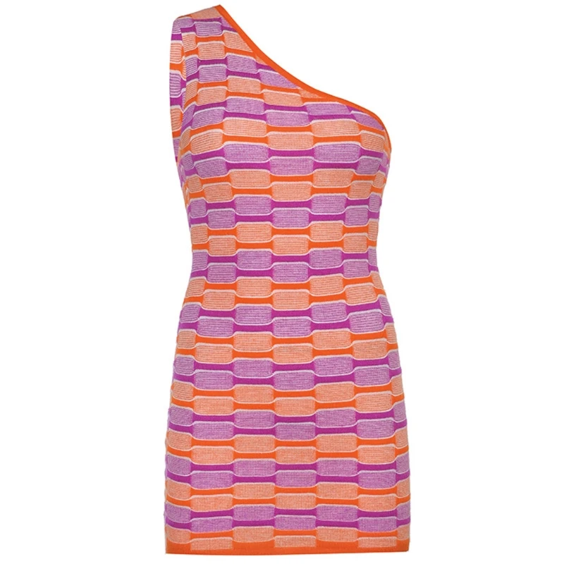 

Women Summer Sexy Cutout One Shoulder Sleeveless Bodycon Mini Tank Dress Harajuku Contrast Color Plaid Knitted Clubwear 1pc