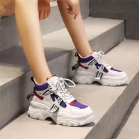 2022 spring new leather womens platform chunky sneakers fashion women flat thick sole shoes woman dad footwear