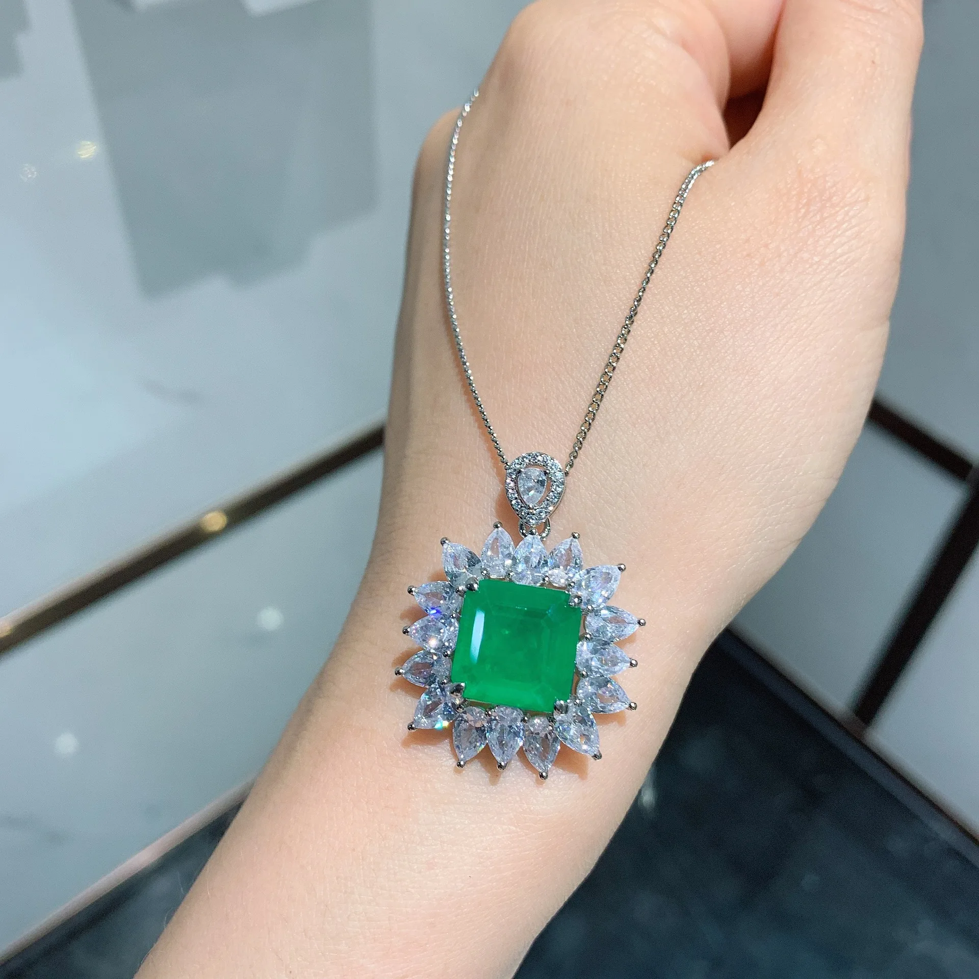 

Wong Rain 925 Sterling Silver Created Moissanite Paraiba Tourmaline Emerald Gemstone Pendent Necklace Fine Jewelry Wholesale