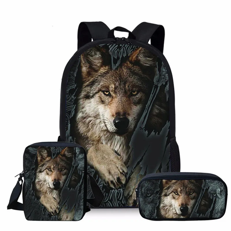 

Binienty Cool Wolf Print 3pcs Kids Backpack With Lunch Box Pencil Bag School Bags Set Bookbags For Teenage Boys Girls bagpack