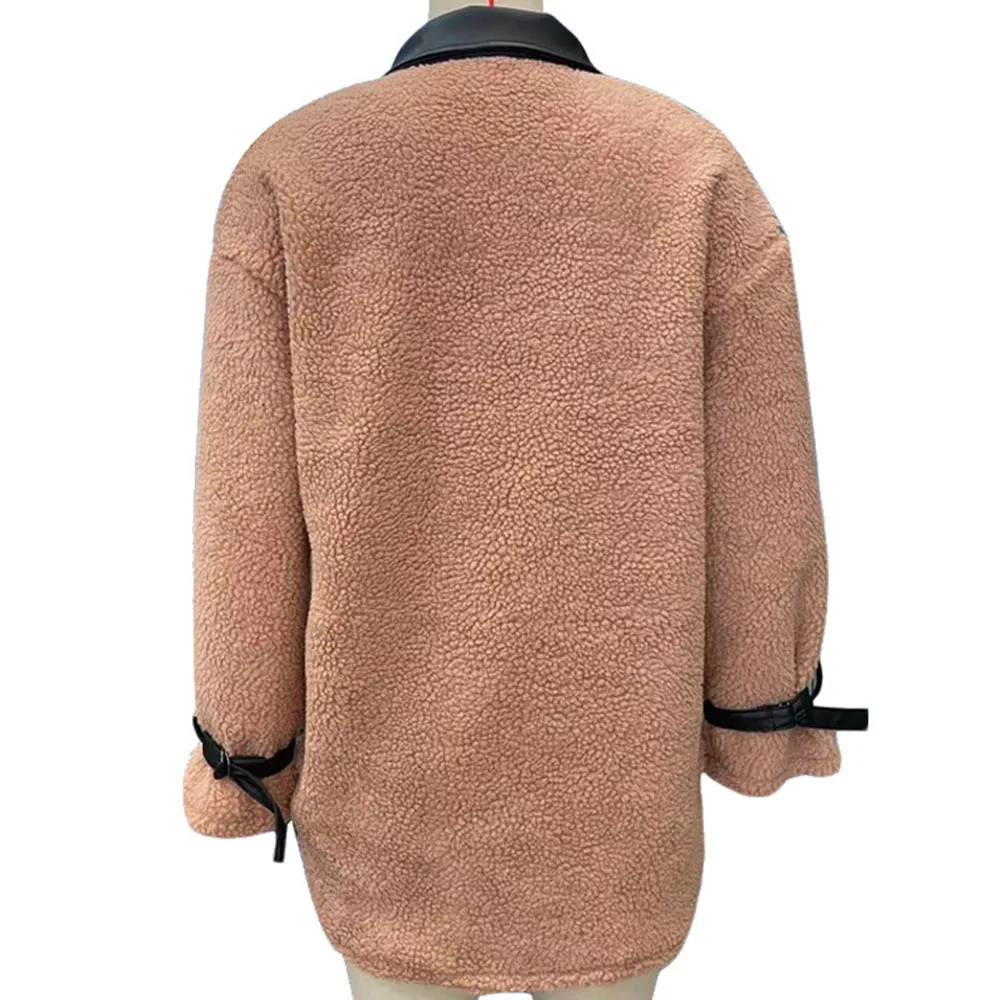 

Women's Jacket Coat PU Leather Lamb Hair Stitching Warm Autumn And Winter Long-sleeved Jacket Fashion 2021 New Europe America