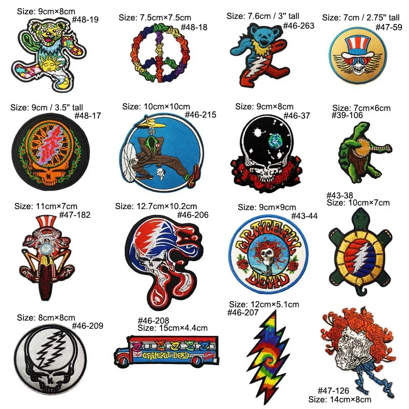 Значок Grateful Dead с изображением космического лица, молнией в кругу и знаком мира на медведе с черепахой, выполненный в технике тай-дай и вышитый на железо.