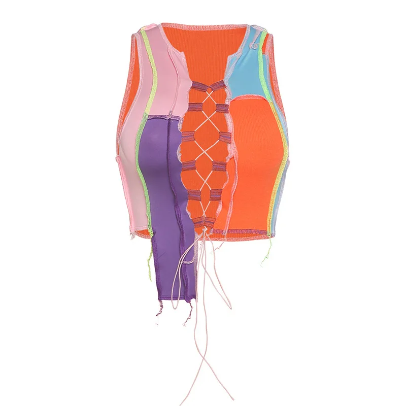 

Hjwsfdcai Summer New Contrast Color Tank Top Sexy Strappy Hollow Out Tops Slim Fit Short Vest Women Underwear Street Nightclub