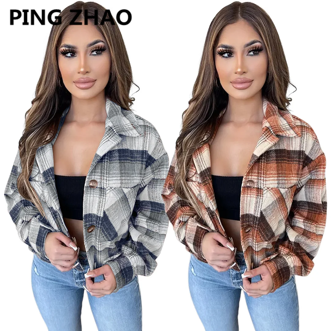 

PING ZHAO Plaid Fashion Button Up Jacket Coat Women Casual Long Sleeve Turn Down Collar Harajuku Streetwear Clothes Jackets