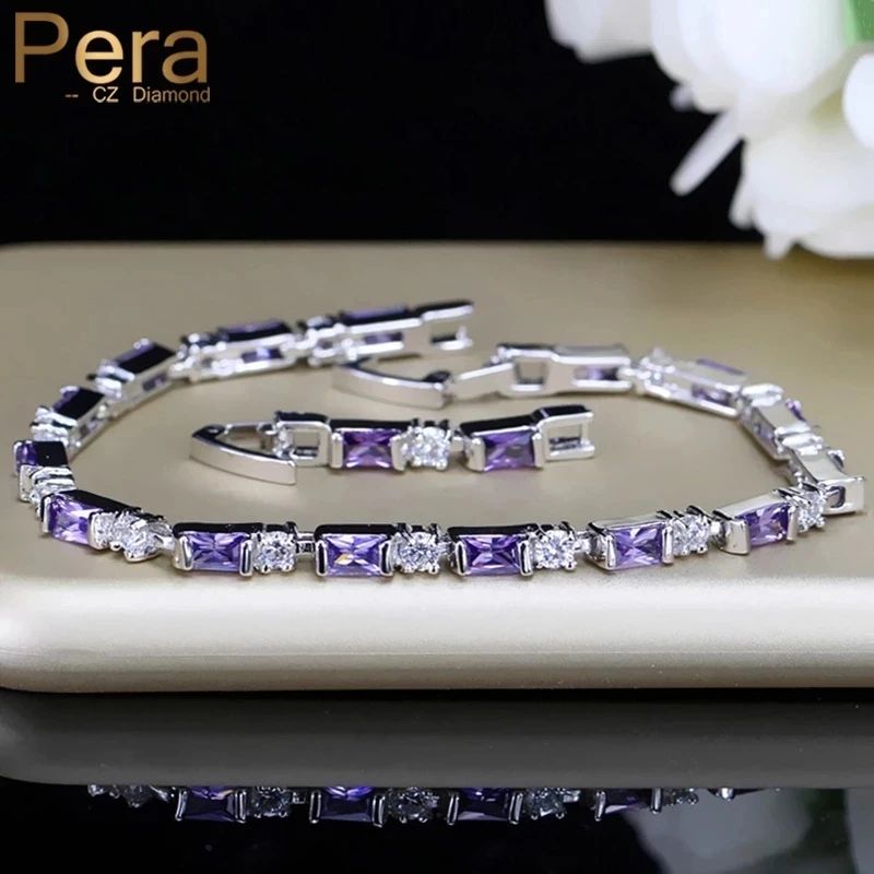 Pera Romantic Bridal Wedding Slim Charm Bracelets Purple and White CZ Crystal Big Square Shape for Women Party Jewelry Gift B060